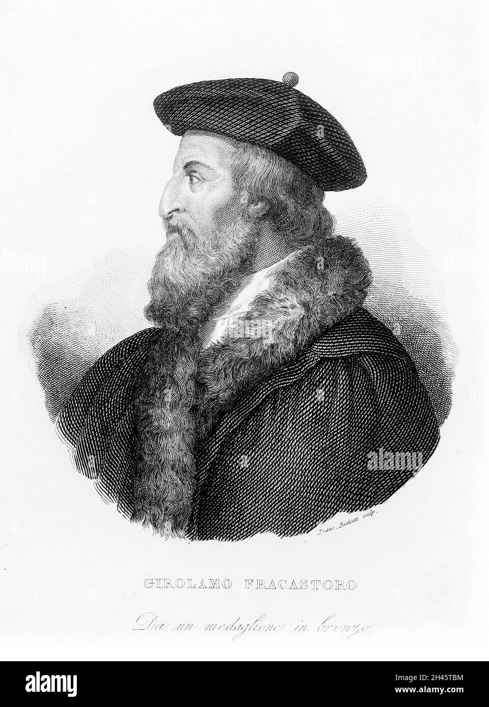 Hieronymus Fracastorius. Incisione linea di F. Redenti. Foto Stock