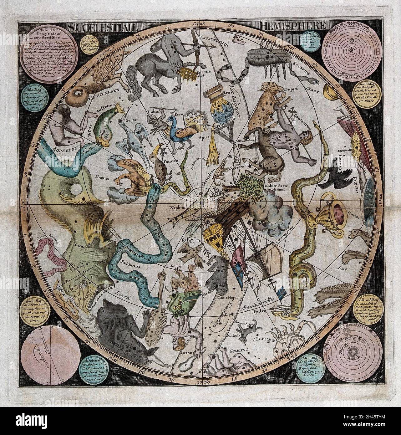 Astronomia: Una mappa a stelle del cielo notturno nell'emisfero meridionale, con i nomi delle costellazioni. Incisione colorata. Foto Stock