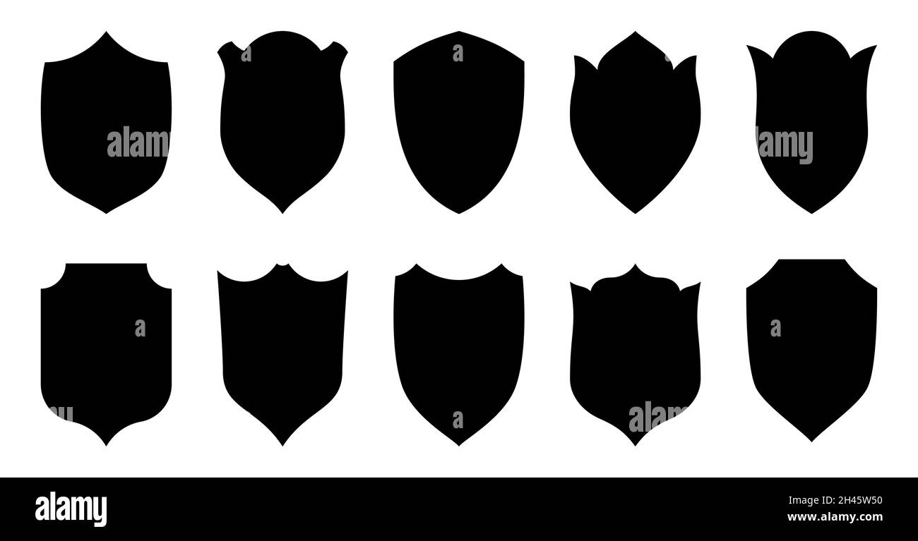 Proteggi il set di icone piatte di timbro nero. Etichetta vuota Vector Security stemma armature logo. Cartello di garanzia proteggere simbolo araldico di forma tagliata. Badge Vintage Awards. Forma medievale isolata su bianco Illustrazione Vettoriale