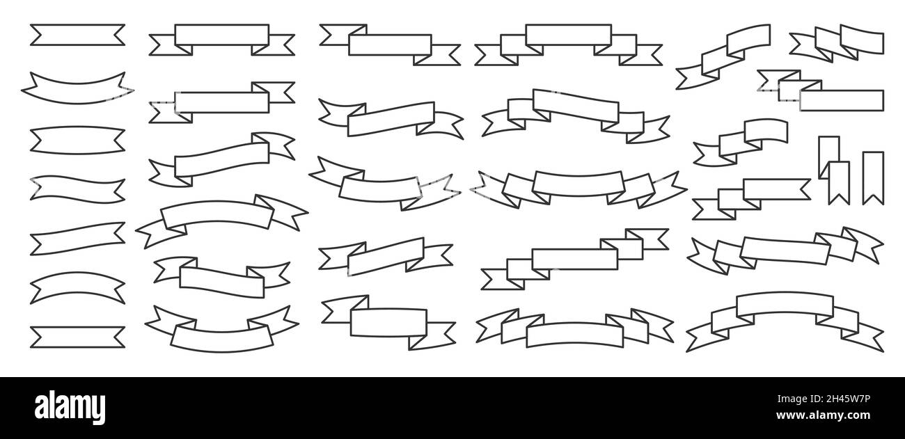 Nastro banner festivo bandiera nero set lineare. Icona grafica vendita. Icona testo decorativo. Etichetta di scorrimento contorno semplice. Elemento di annata araldica. Decorazioni firmate, sconto su invito isolato su bianco Illustrazione Vettoriale