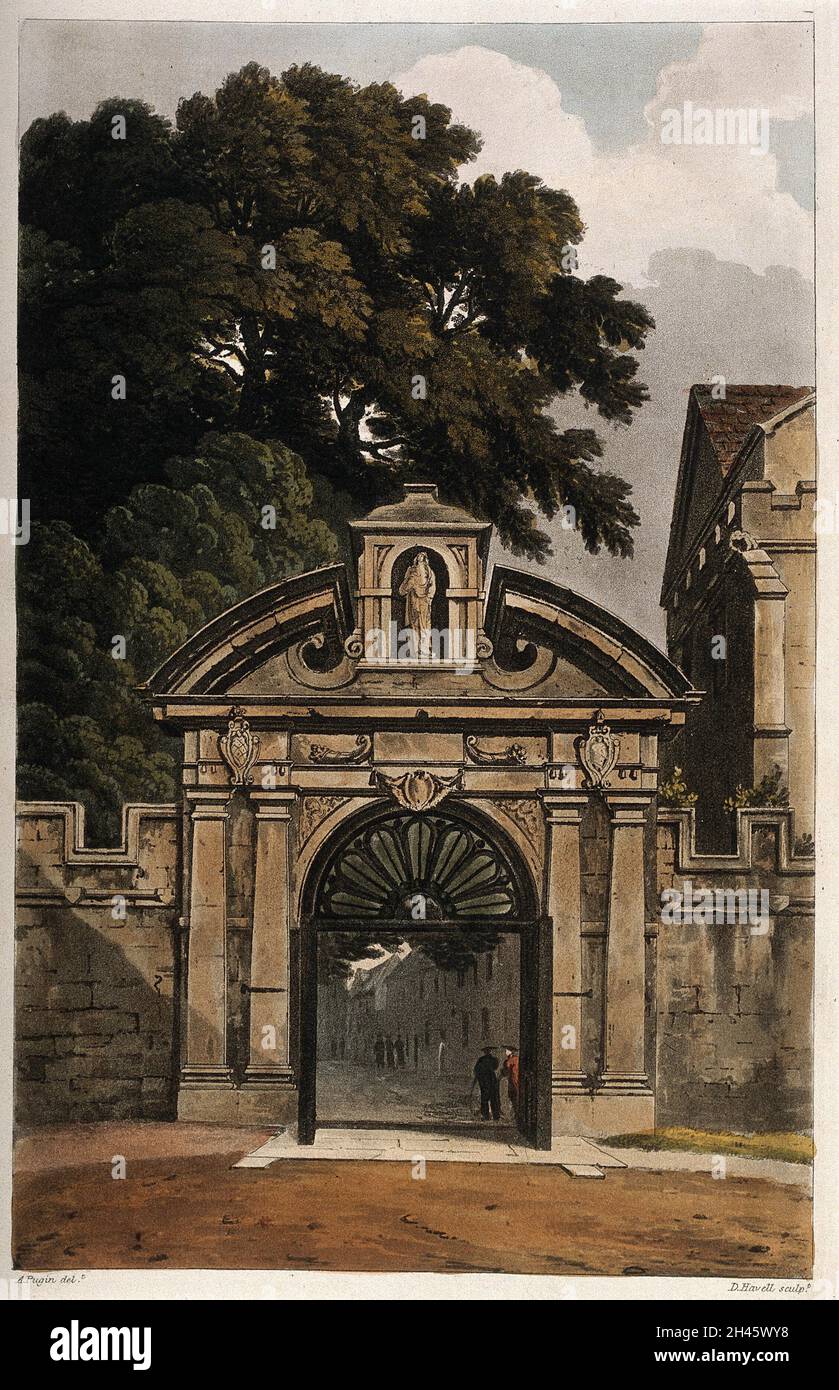 Magdalen College, Oxford: Porta d'ingresso. Acquatint colorato da D. Havell, 1814, dopo A.C. Pugin. Foto Stock