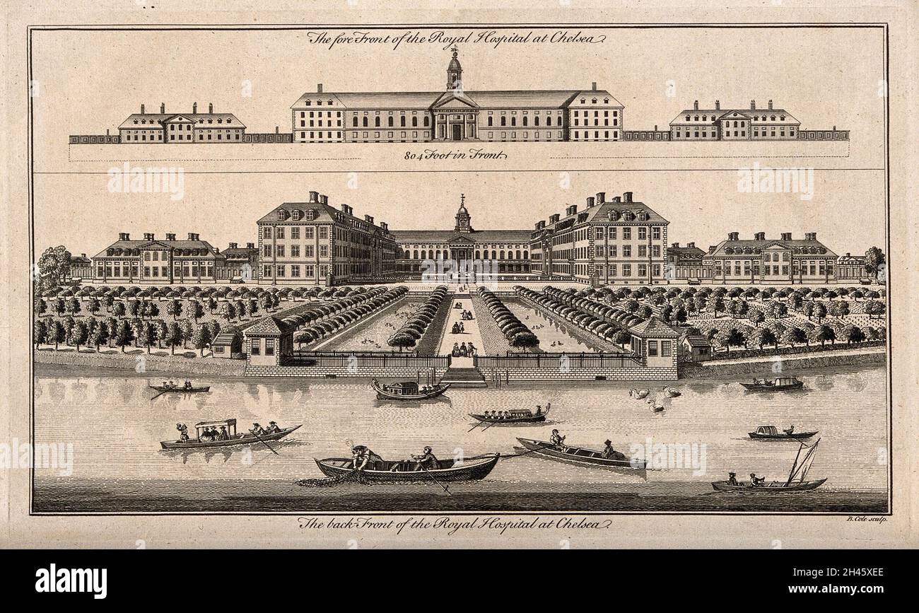 Il Royal Hospital, Chelsea; e la Rotunda a Ranelagh: Vista delle facciate nord e sud, la prima una vista in elevazione, la seconda una vista dall'alto, con le barche sul fiume. Incisione di B. Cole, 1756. Foto Stock