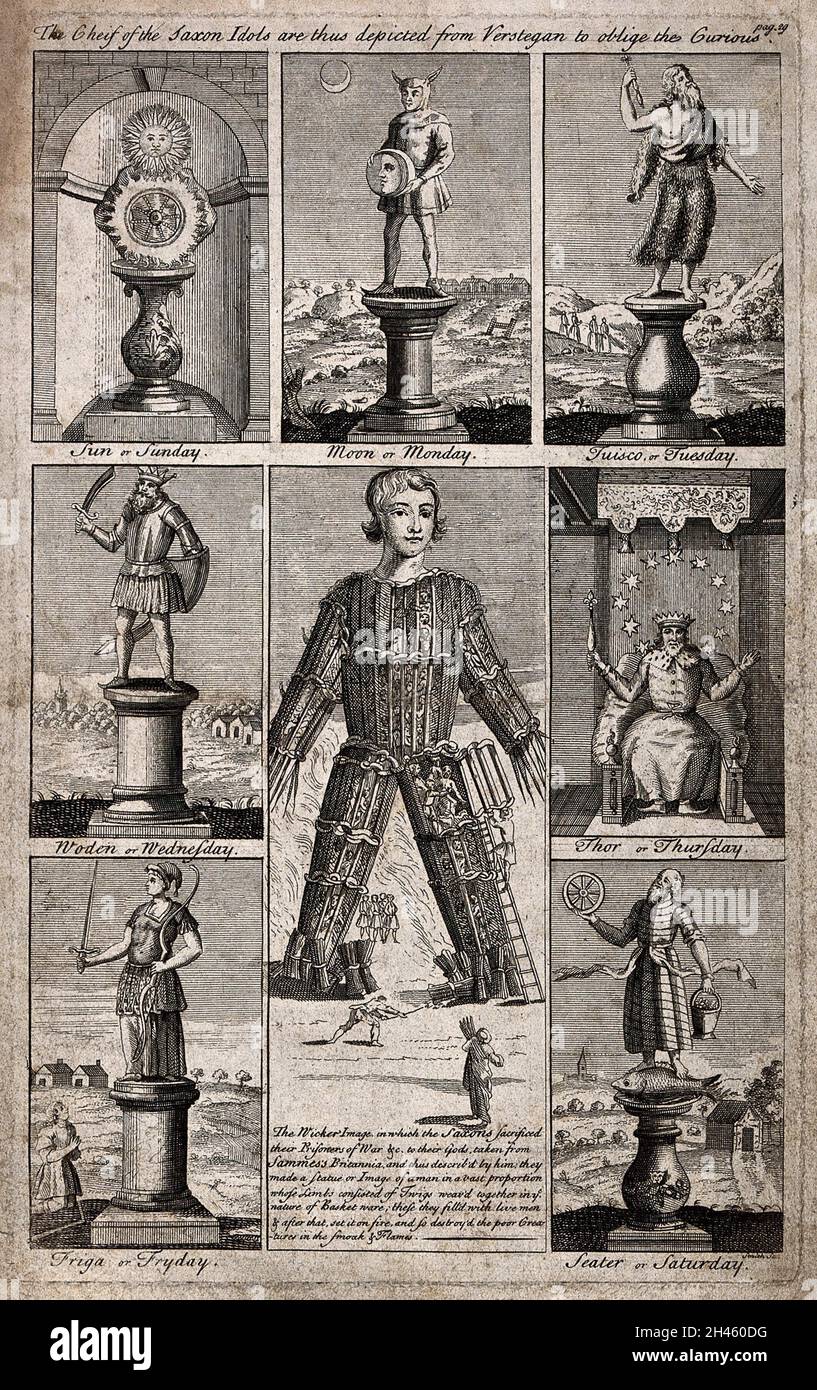 Un uomo di vimini all'interno del quale si sacrificano le persone, circondato dalle divinità principali dei Sassoni. Incisione di Smith dopo R. Verstegen e A. Sammes. Foto Stock