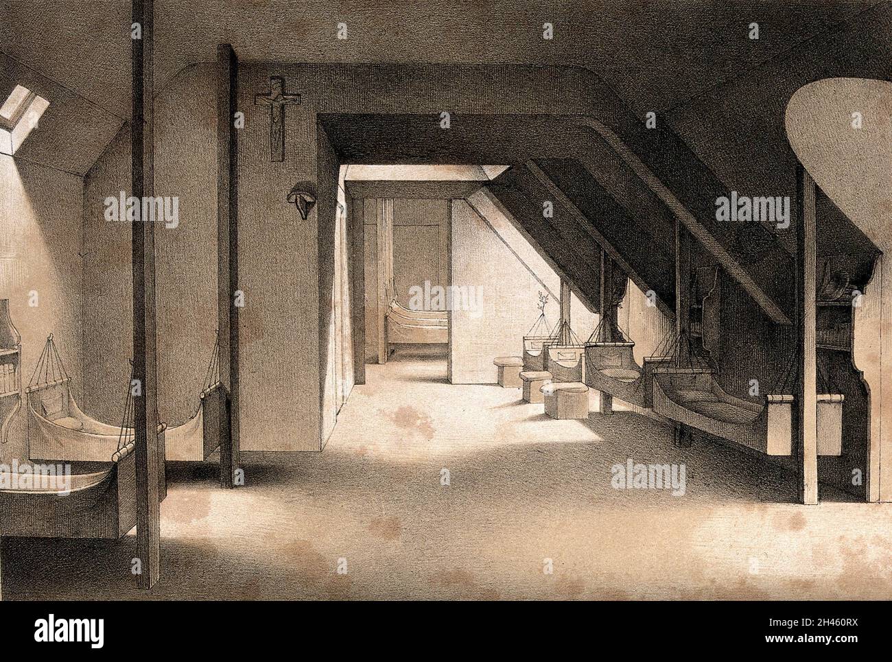 Mettray colonia penale, Mettray, Francia: Il dormitorio per gli allievi della scuola. Litografia di Sauvé e Faivre dopo A. Thierry. Foto Stock