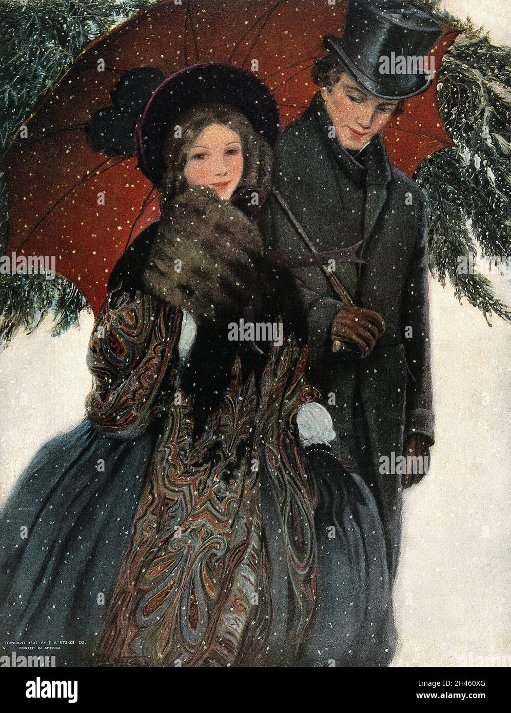 Una coppia elegantemente vestita cammina braccio in braccio sotto un ombrello. Riproduzione fotografica. Foto Stock