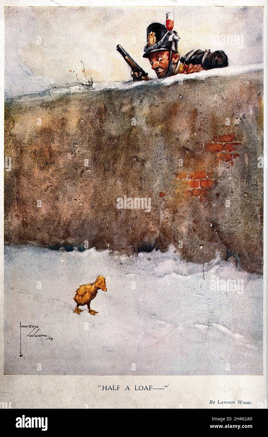 Un soldato con una pistola in mano si affaccia su un muro a una piccola anatra che cammina lungo il centro della strada. Elabora stampa dopo Lawson Wood. Foto Stock