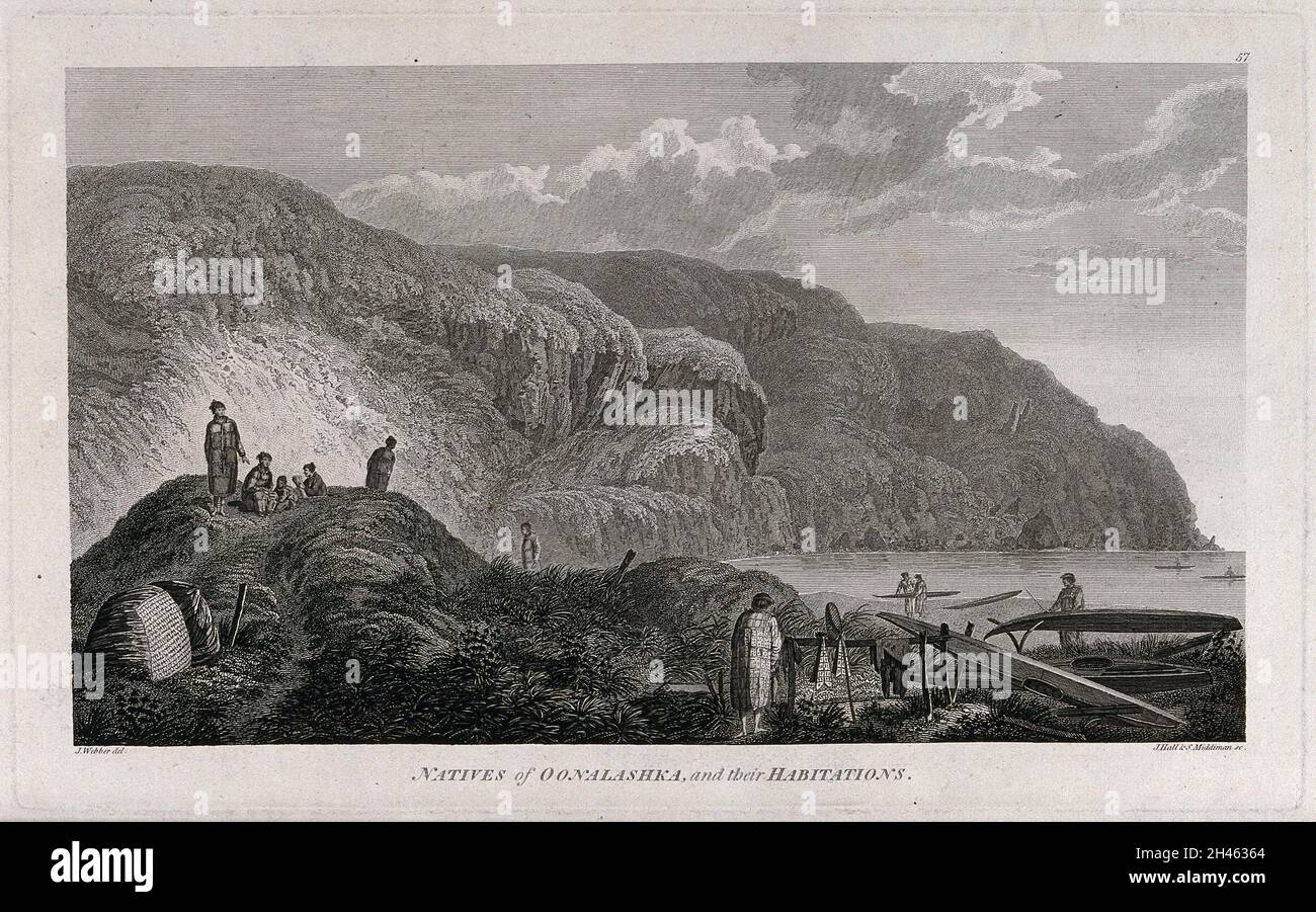 Persone di Oonalashka (Canada) e le loro capanne; incontrate dal Capitano Cook nel suo terzo viaggio (1777-1780) incisione di J. Hall e S. Middiman dopo J. Webber, 1780/1785. Foto Stock