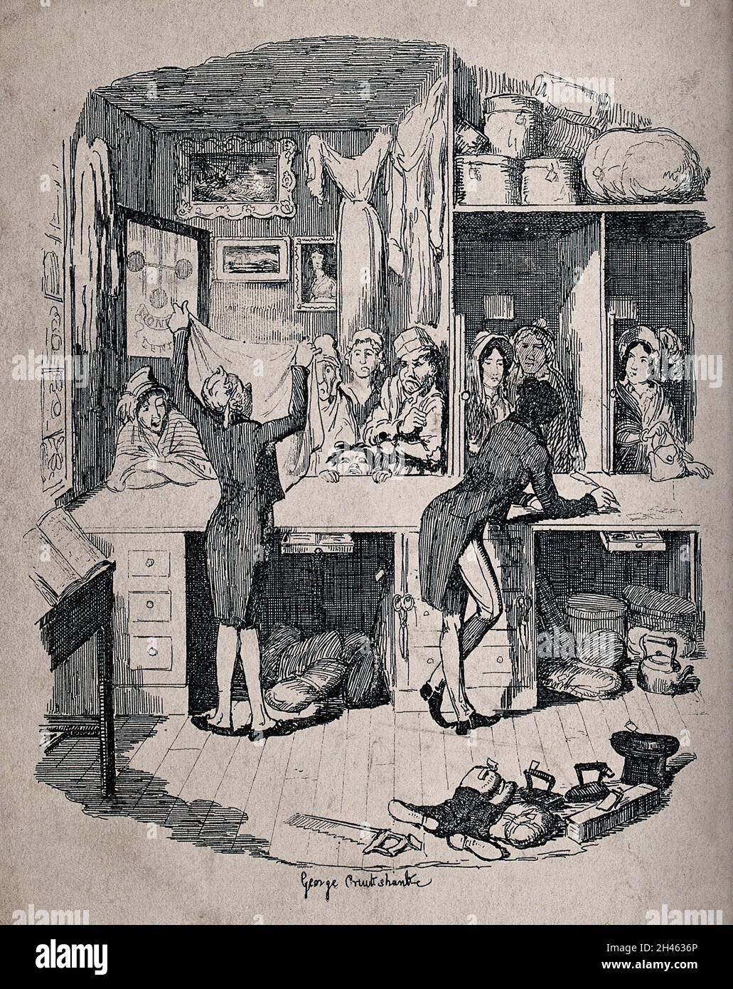 Due uomini sono in piedi dietro il bancone di un negozio di pawnbroker a Londra, esaminando alcuni articoli di abbigliamento che sono stati portati a pedina. Incisione di George Cruikshank, 1836. Foto Stock