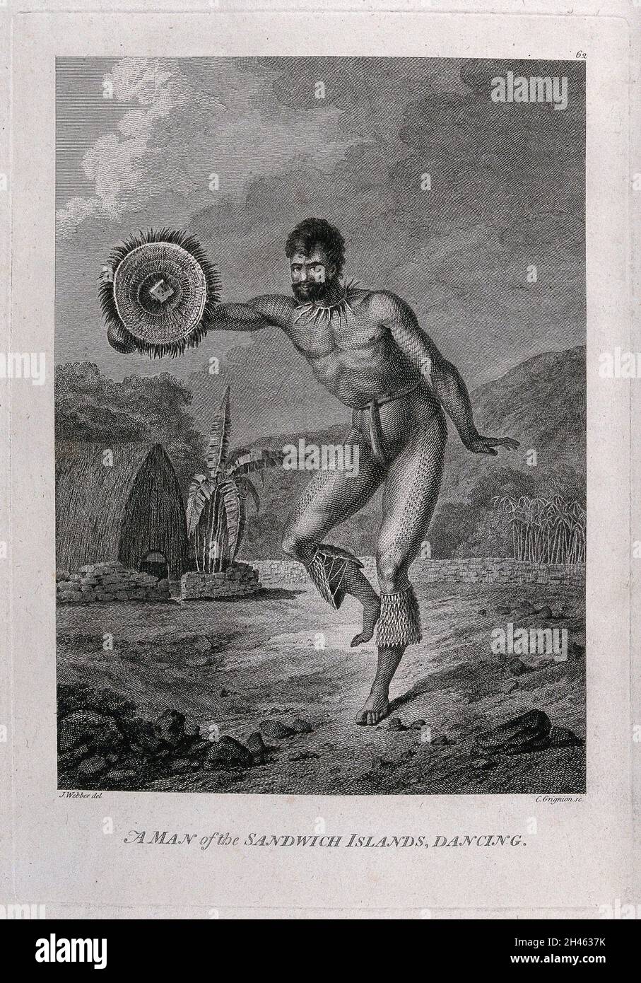 Un uomo delle Isole Sandwich che balla; incontrato dal capitano Cook durante il suo terzo viaggio (1777-1780) incisione di C. Grignion dopo J. Webber, 1780/1785. Foto Stock