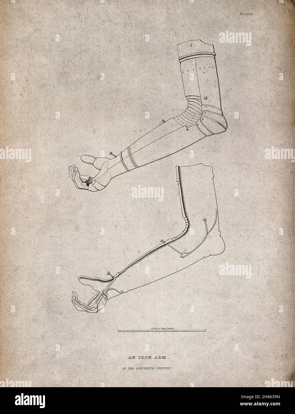 Un braccio di ferro cinquecentesco: Due figure, compresa una sezione trasversale. Incisione di linea, 18--? Foto Stock