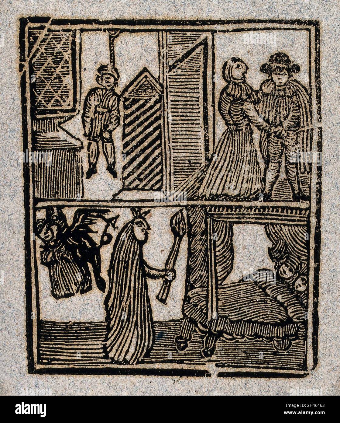 Doppia immagine: Una persona appesa alle ginocchia; una strega che brucia una coppia dormiente mentre una figura demoniaca trasporta un bambino. Legno tagliato, 1790. Foto Stock