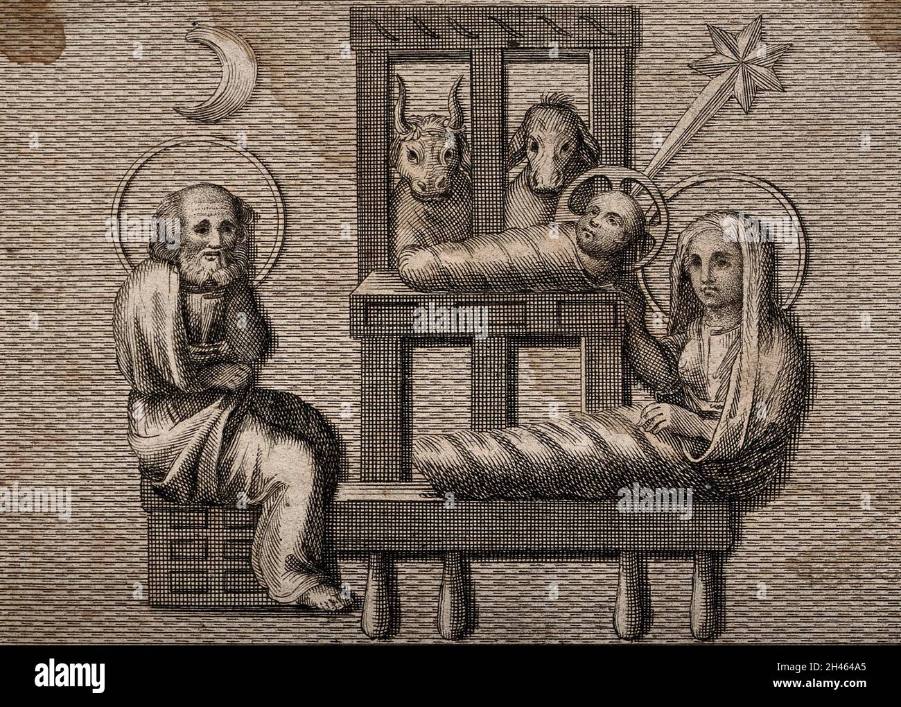 La Vergine Maria e il Bambino Cristo avvolti in abiti da ricci; Giuseppe si siede nelle vicinanze. Acquaforte di F. de grado. Foto Stock