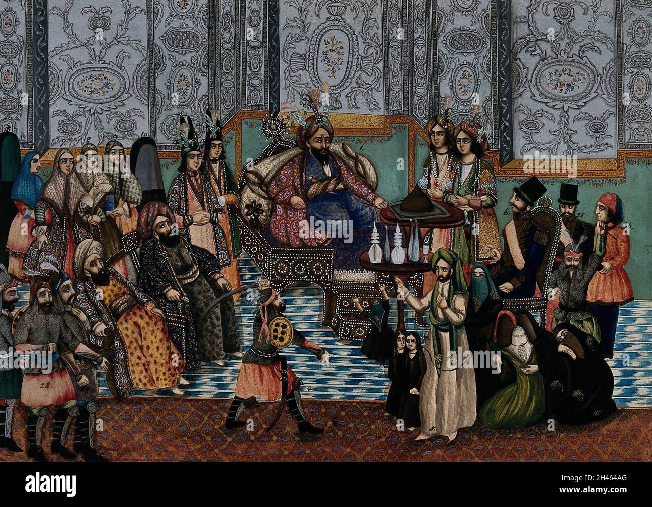 Mezed, il settimo Califfo di Arabia, nella sua corte, guardando ebraico shamar sollevando la sua spada presso l'Imam. Gouache dipinto da un pittore persiano. Foto Stock