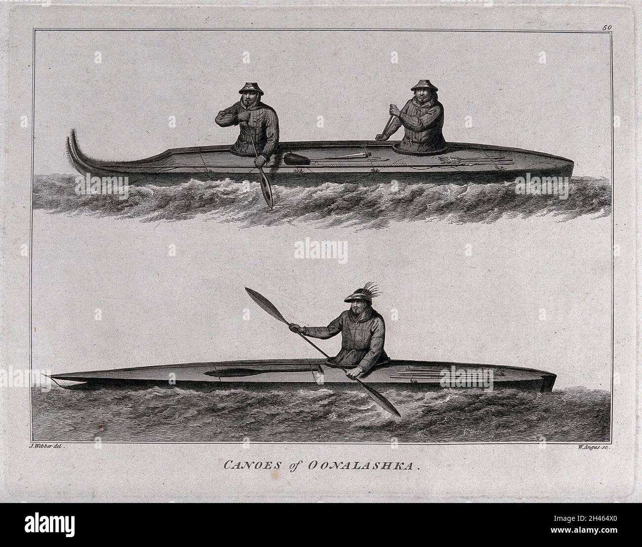 Uomini di Oonalashka (Canada) in canoe; incontrato dal capitano Cook nel suo terzo viaggio (1777-1780) incisione di W. Angus dopo J. Webber, 1780/1785. Foto Stock