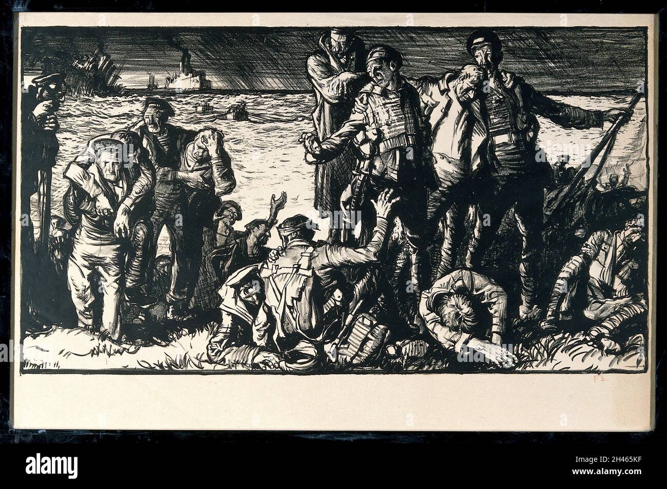 Prima guerra mondiale: Marinai e soldati naufragati che raggiungono la terra. Litografia di Frank Brangwyn. Foto Stock