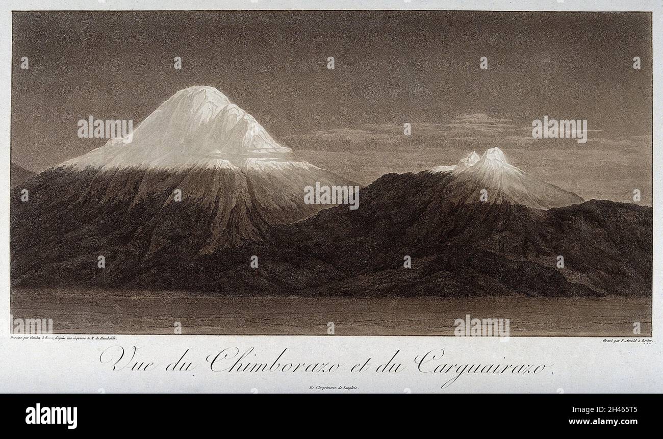Monti Chimborazo e Carguairazo, innevati. Acquatinta colorata di F. Arnold dopo J. Gmelin dopo A. von Humboldt. Foto Stock