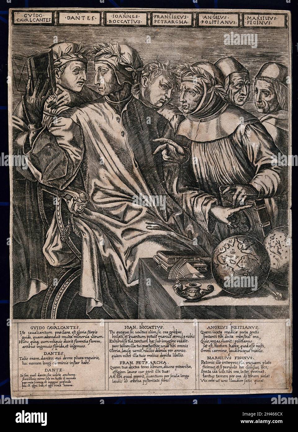 Sei uomini di lettere italiani. Incisione dopo G. Vasari, 1543. Foto Stock