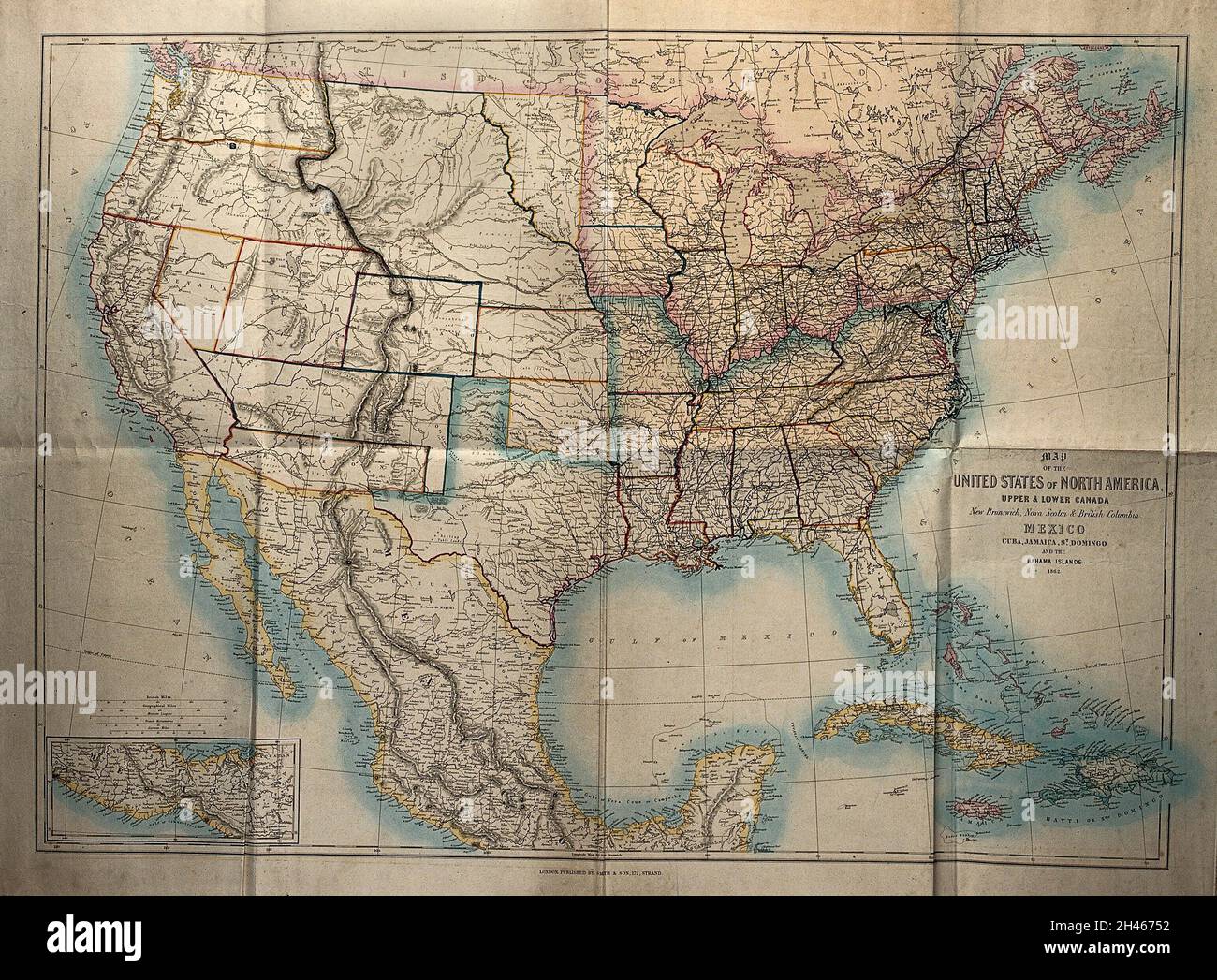 America settentrionale e centrale: mappa. Incisione colorata, 1862. Foto Stock