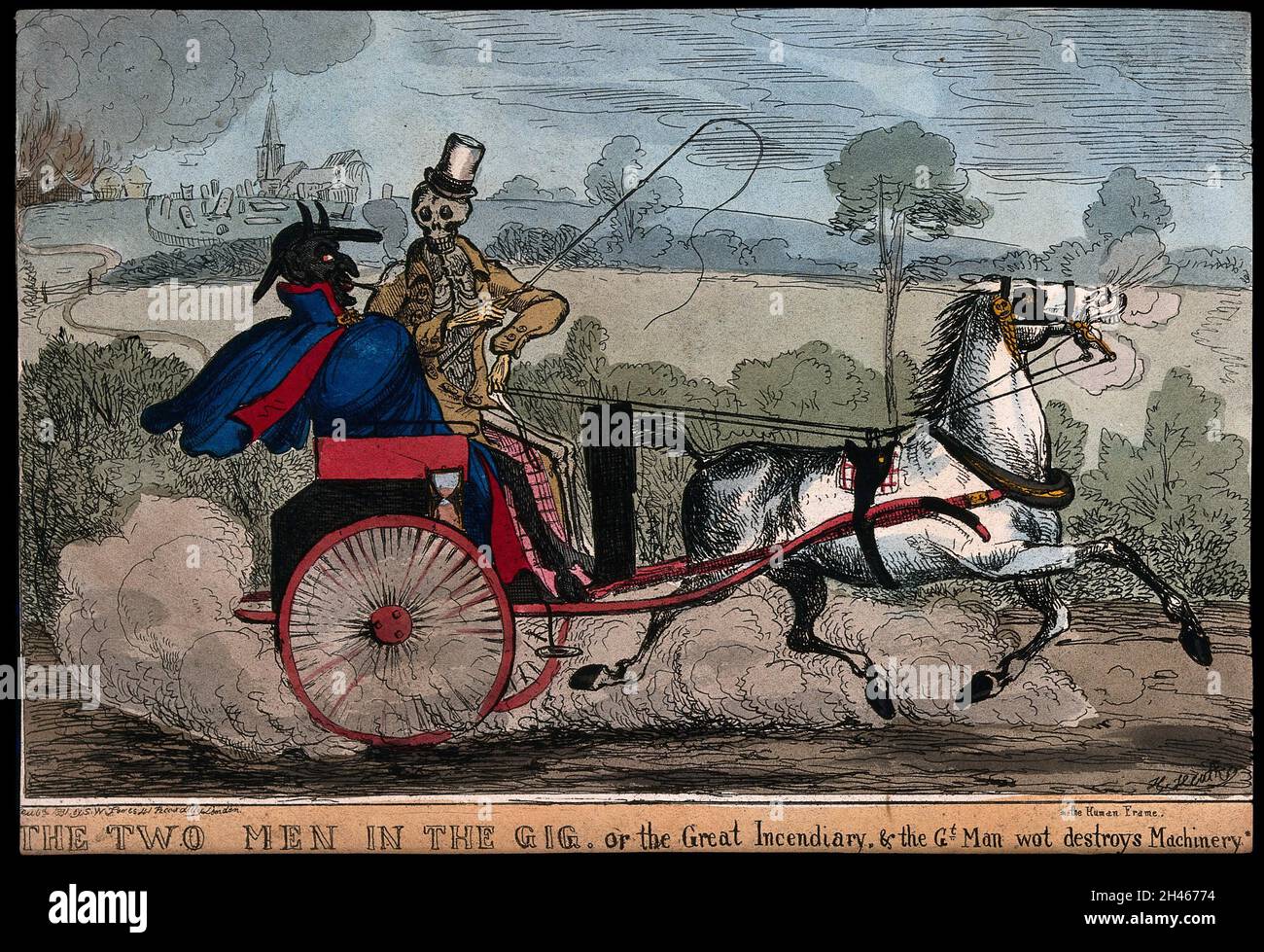 Il Diavolo e la morte in un carro. Incisione di H. Heath, 1831. Foto Stock