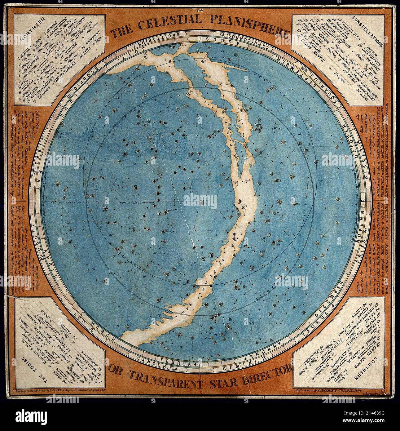 Astronomia: Una mappa delle stelle del cielo notturno. Incisione colorata, 1777. Foto Stock
