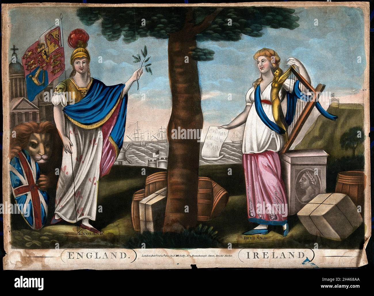 Due donne in piedi sotto un albero che scambiano un ramo di olivo e musica, con merci intorno a loro e con navi che passano vicino in background; che rappresentano l'amicizia di Inghilterra e Irlanda come un sindacato di commercio marittimo. Mezzotinta colorata. Foto Stock