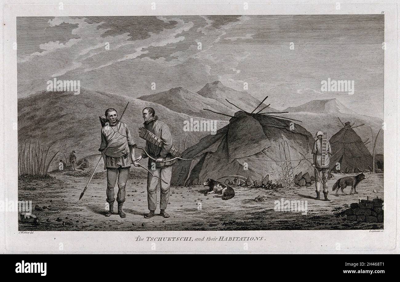 Chukchi persone e alloggi incontrati dal Capitano Cook nel suo terzo viaggio (1777-1780). Incisione di D. Lerpiniere dopo J. Webber, 1780/1785-. Foto Stock