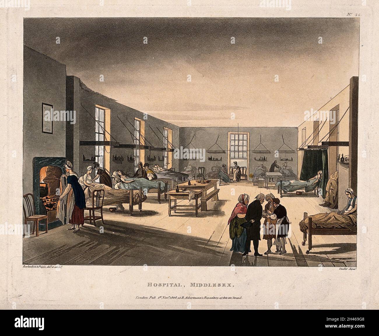 Il Middlesex Hospital: L'interno di uno dei reparti femminili. Colorato aquatint di J. C. Stadler, 1808, dopo A. C. Pugin e T. Rowlandson. Foto Stock