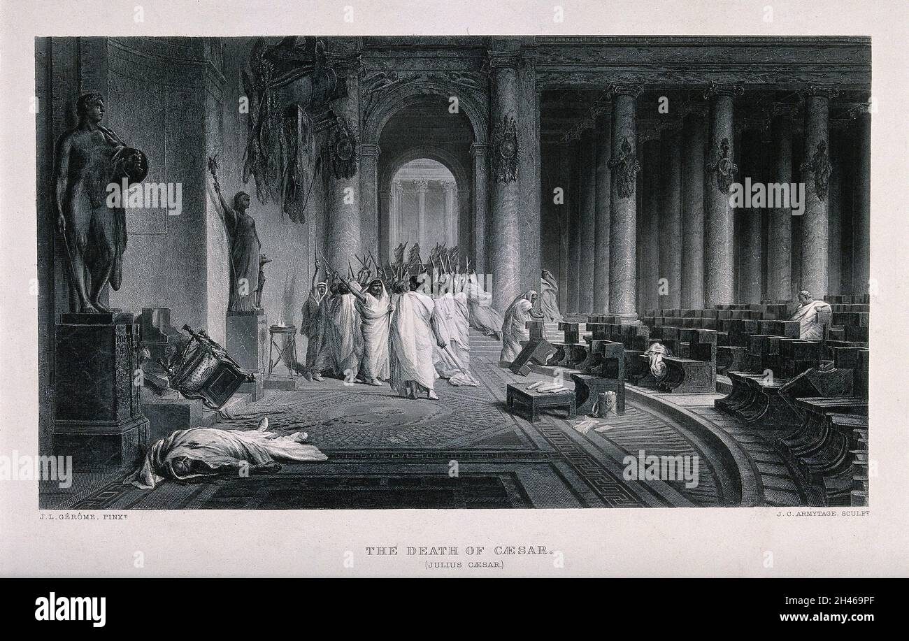 La morte di Giulio Cesare: Cesare si trova a terra, assassinato da un gruppo di cospiratori senatoriali guidati da Cassio Longino e Marcus Iunius Brutus sull'IDES di marzo. Incisione di J.C. Armytage dopo J.L. Gérome. Foto Stock