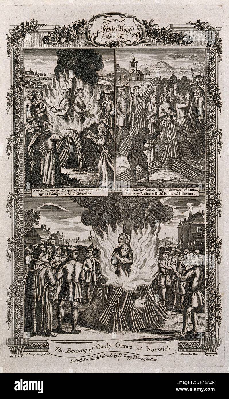 Sopra, i martiri Cicely Ormes e Margaret Thurston sono bruciati di nuovo al palo in Colchester e l'incendio ad un palo in Islington dei martiri Ralph Alderton, Margery Austoo e R. Roth; sotto l'incendio del martire Cicely Ormes a Norwich. Acquaforte di G. Terry. Foto Stock