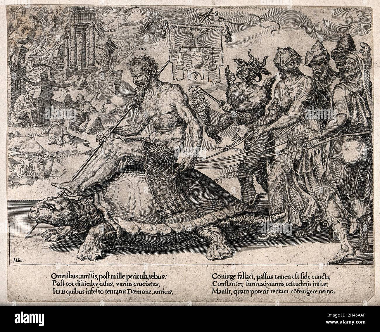 Job cavalca il lapiathan di fronte ad una corteo corteo corteo di demoni e tortori. Incisione dopo M. van Heemskerck, 1559. Foto Stock