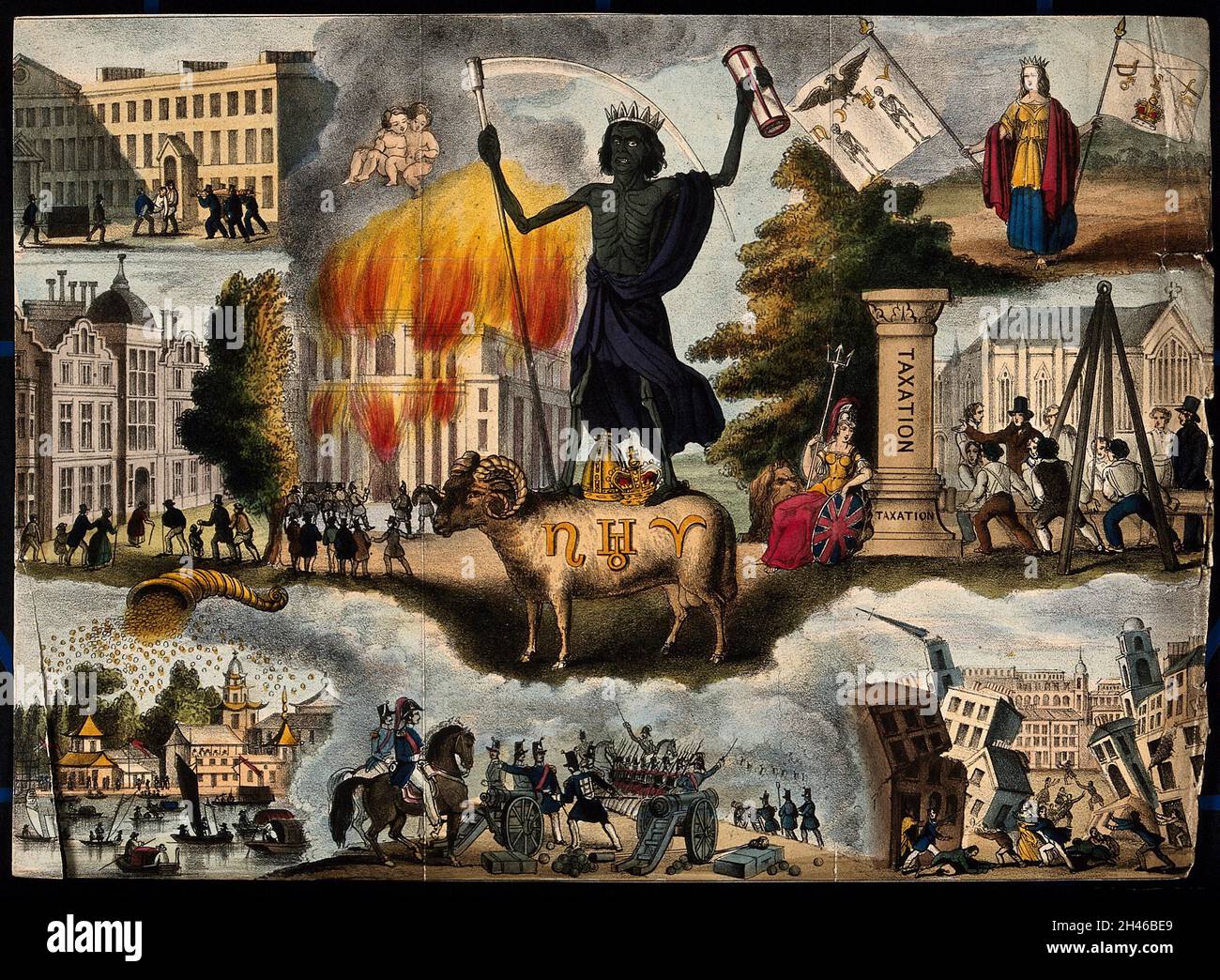 Astronomia: Varie scene apocalittiche, tra cui il colera [?], terremoto, guerra e naufragio. Litografia colorata, [c.1836?]. Foto Stock