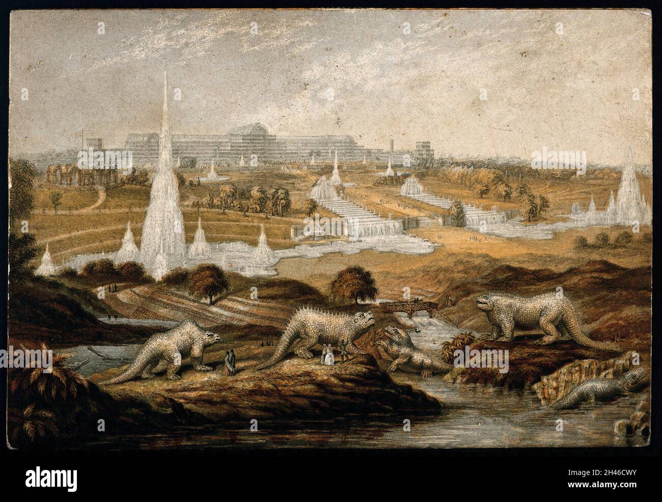 Il Palazzo di Cristallo della Grande esposizione, installato a Sydenham: Sculture di creature preistoriche in primo piano. Stampa Color Baxter-Process di G. Baxter, 1864(?). Foto Stock