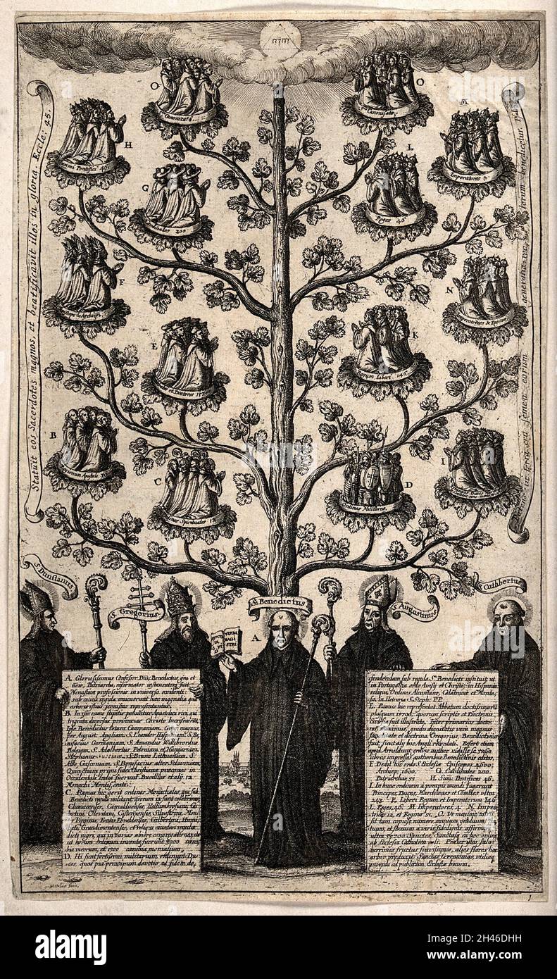 Le fonti della vita monastica inglese nella regola di San Benedetto, e coloro che hanno abbracciato la regola: Albero di famiglia. Incisione di W. Hollar, 1655. Foto Stock