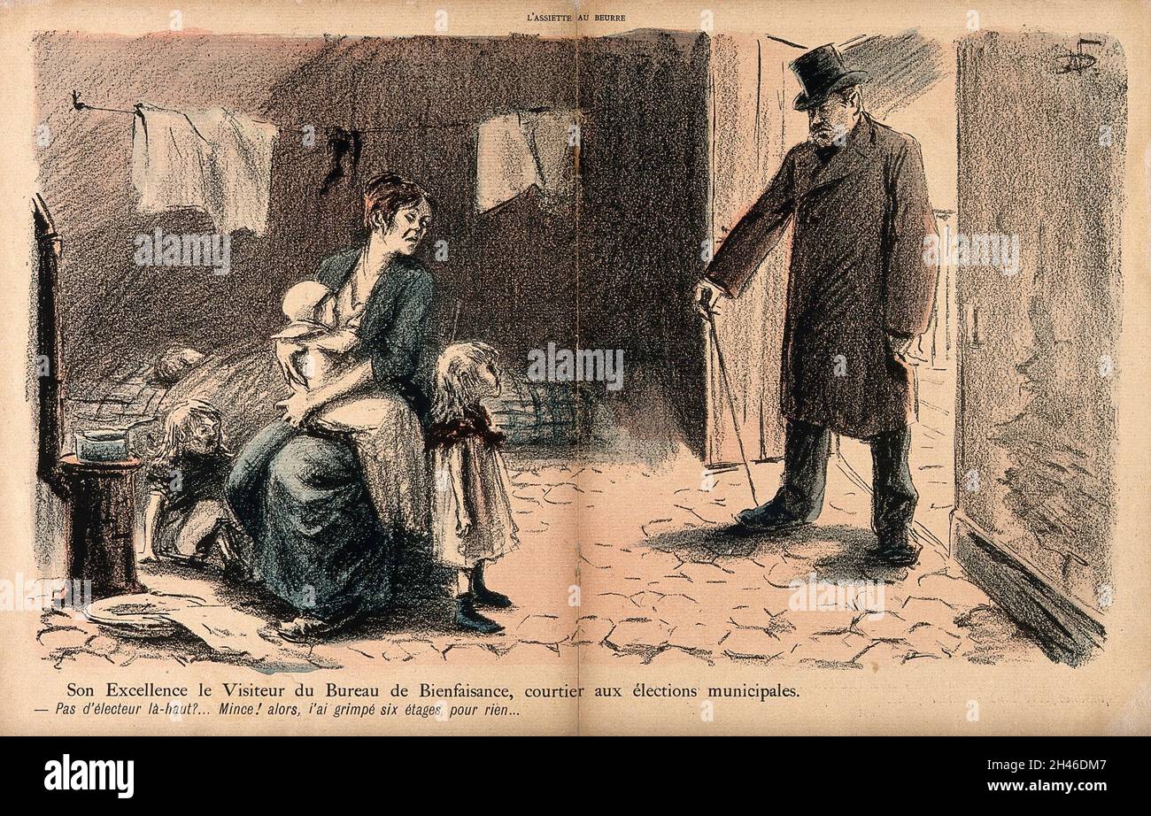Un politico che si incassa per aver salito sei piani fino alla stanza di una madre impoverita e della sua giovane prole, nessuno dei quali è di valore elettorale. Riproduzione fotomeccanica a colori di una litografia di N. Dorville, c. 1901. Foto Stock