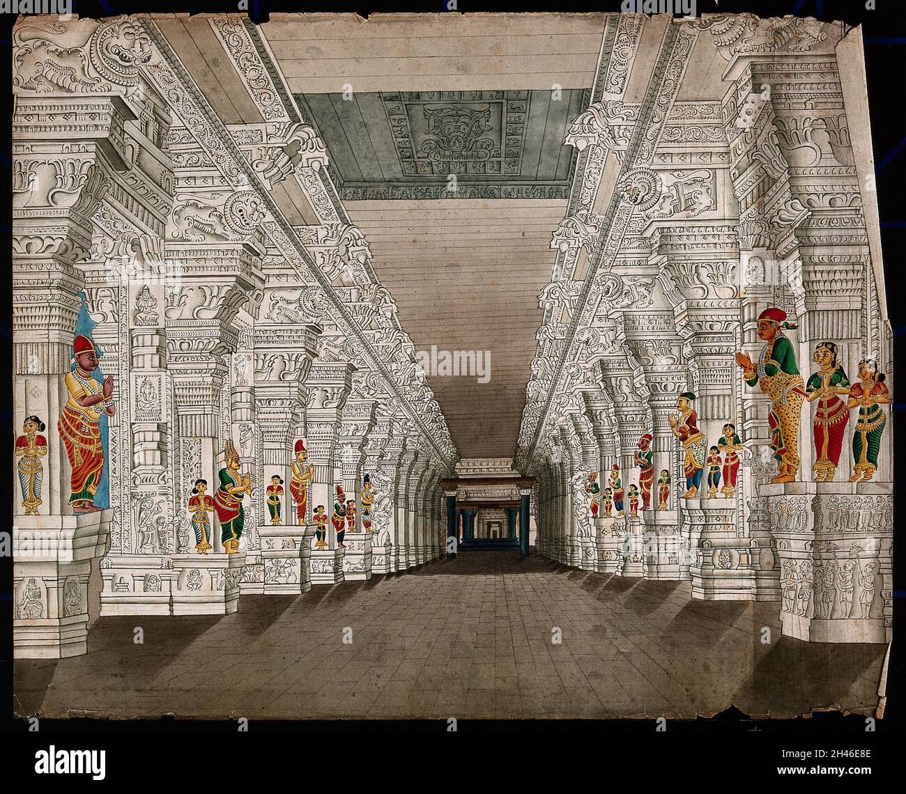Rameshvaram, corridoio con grandi colonne che conducono al tempio dedicato a Lord Shiva. Disegno di un pittore indiano. Foto Stock