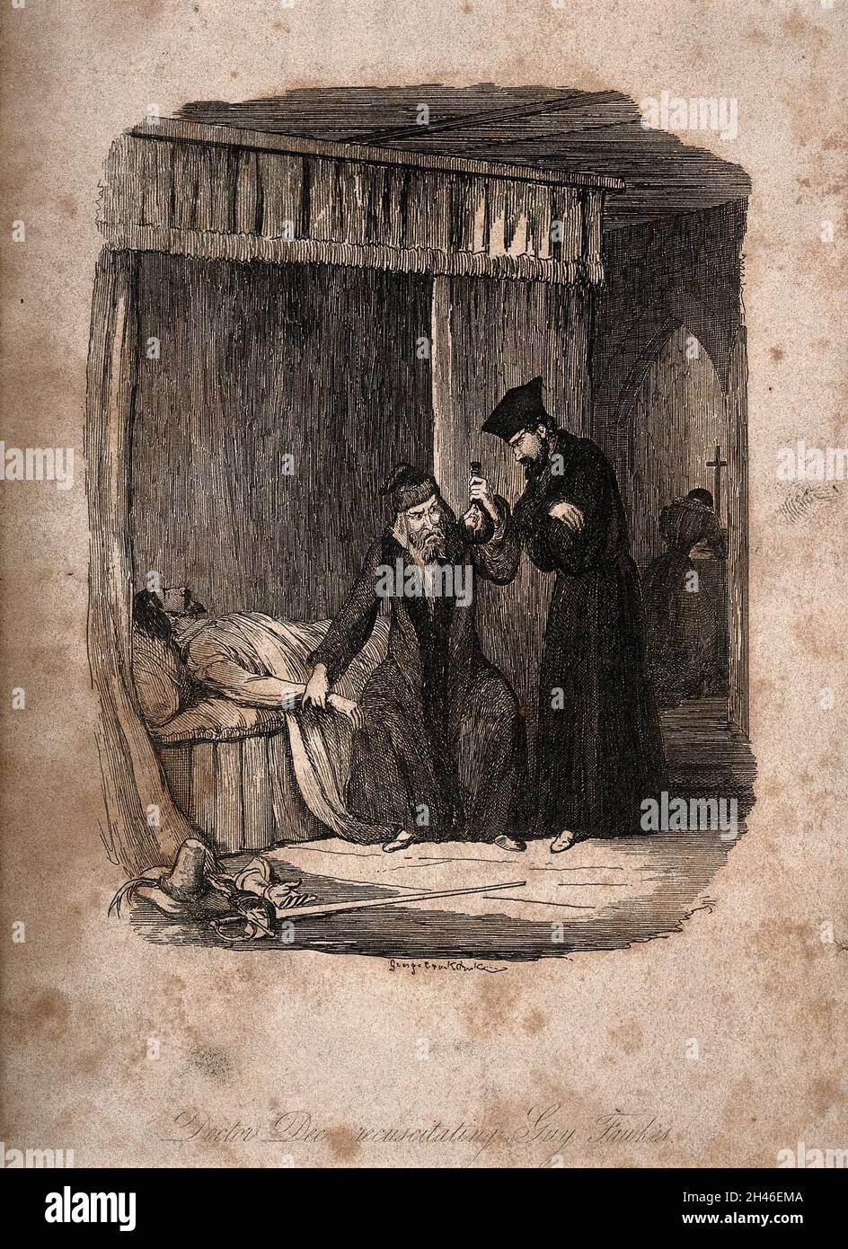 John Dee e Edward Kelley assistono ai feriti Guy Fawkes e gli danno un elisir che lo ravviva. Incisione di G. Cruikshank. Foto Stock