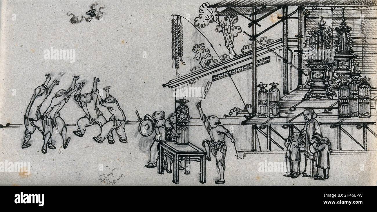Festa cinese di Tu-ti (il Dio della Terra): Un gruppo di uomini è mostrato giocare un gioco accanto ad un santuario, accompagnato da altri tre tamburi, guardato da una donna e due bambini. Disegno dell'inchiostro, Cina, 18--? Foto Stock