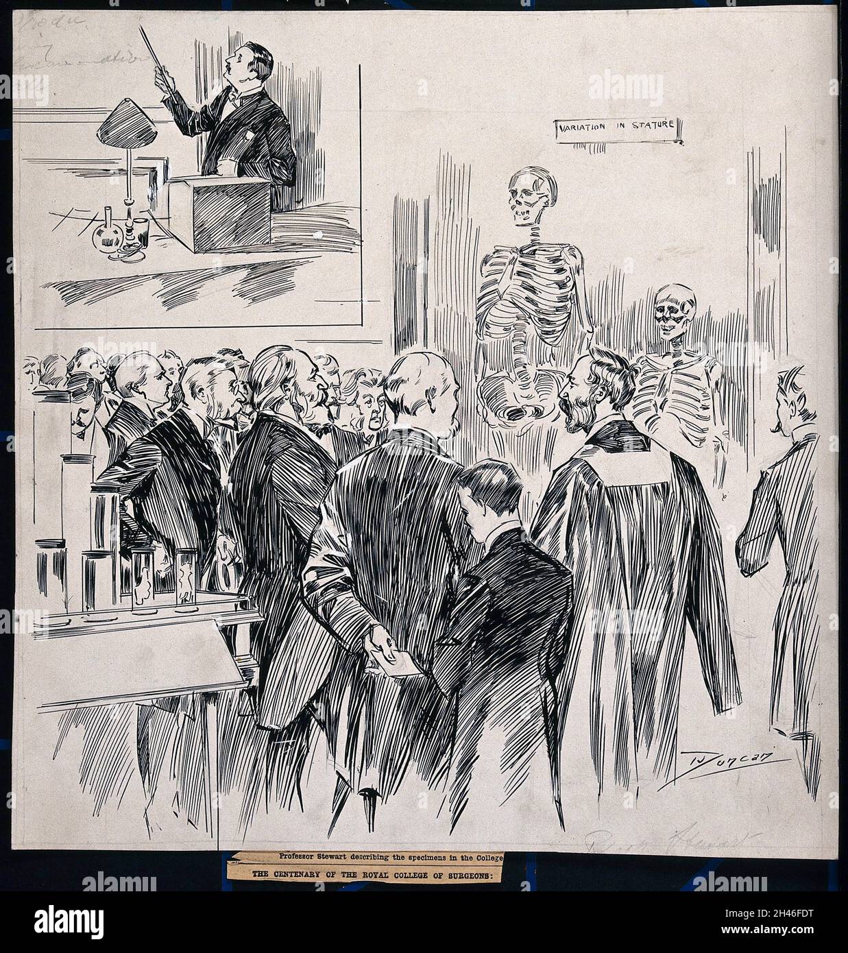Royal College of Surgeons of England: Charles Stewart, conservatore del museo, che descrive gli esemplari ai visitatori nel centenario del college. Disegno di Duncan, 1900. Foto Stock