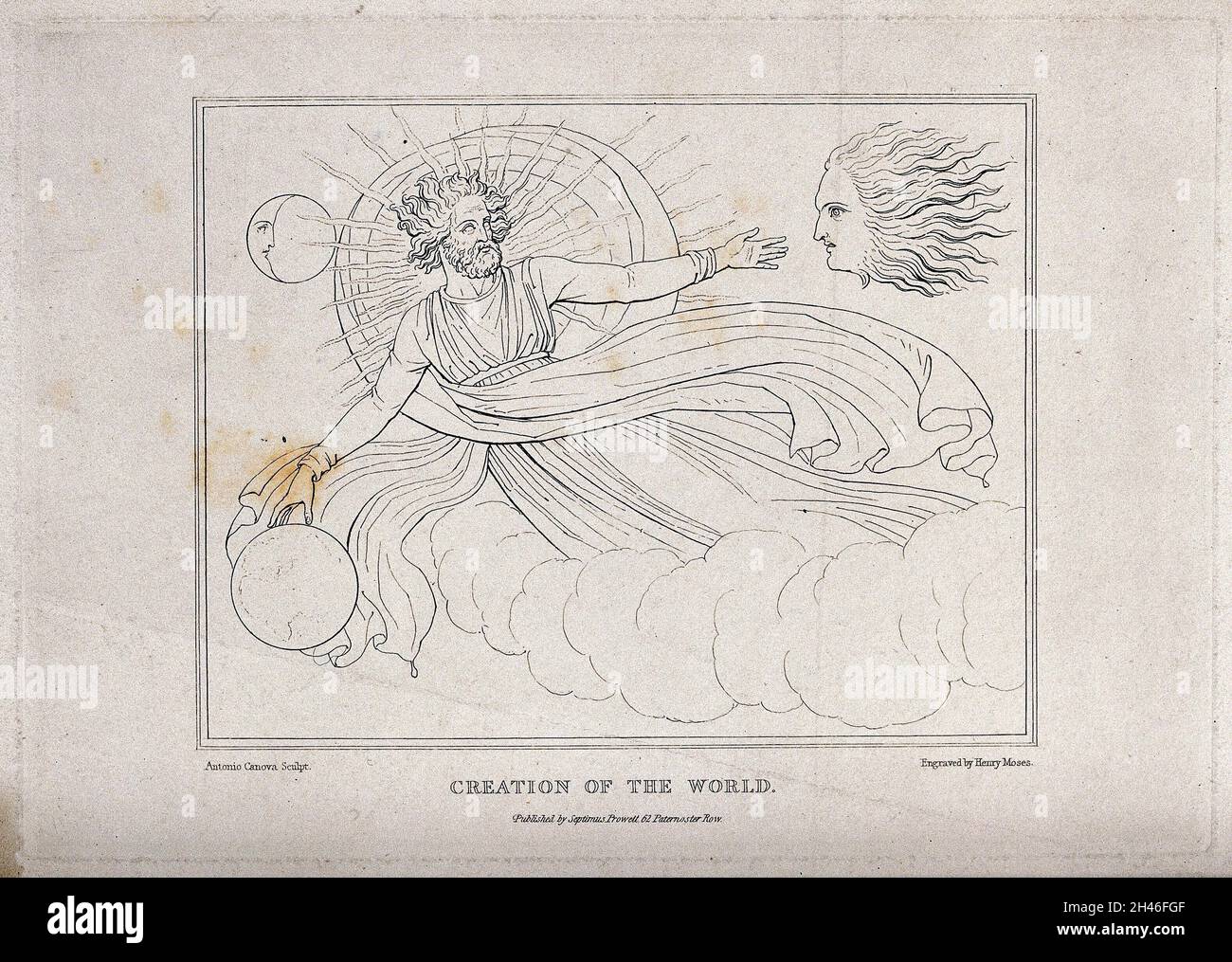 Dio crea il sole, la luna e la terra. Acquaforte di H. Mosè dopo A. Canova. Foto Stock