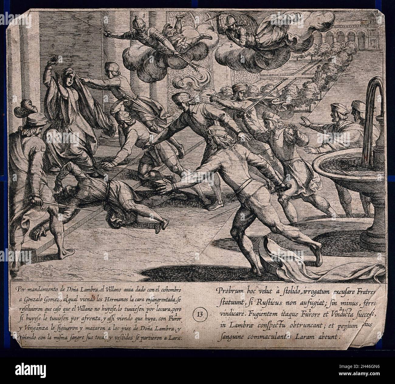 I sette figli di Lara si vendicarono sul servo di Doña Lambra per aver insultato Gonzalo Gomez; uccisero il servo di fronte a Doña Lambra e ne spalmarono il mantello nel sangue. Acquaforte di A. Tempesta dopo O. Vaenius. Foto Stock
