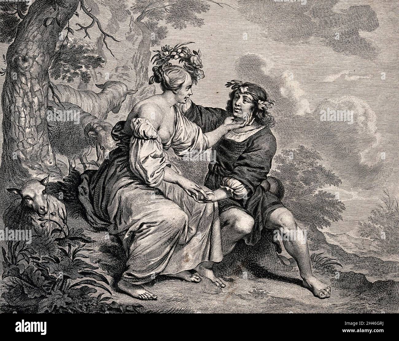 Un uomo e una donna con una mandria di capre siedono sotto un albero che tiene le mani; l'uomo pone una ghirlanda di fiori sulla testa della donna. Incisione di C. van Dalen il giovane dopo C. Casteleyn. Foto Stock