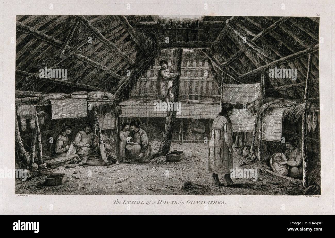 Persone di Oonalashka (Canada) in una capanna; incontrate dal capitano Cook nel suo terzo viaggio (1777-1780) incisione di W. Sharp dopo J. Webber, 1780/1785. Foto Stock