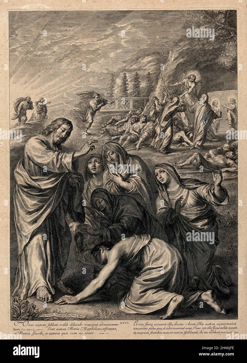 Cristo appare alle donne sante dopo la sua morte. Incisione di G. Huret dopo se stesso. Foto Stock