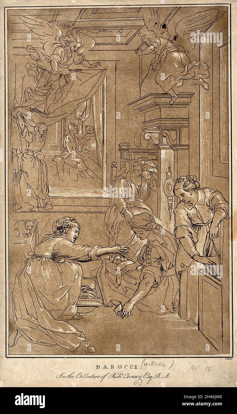 Una donna avvolge un nuovo bambino nato in abiti swaddling, mentre la madre si riprende a letto, l'ostetrica la ciglia. Incisione a colori mediante C.M. Metz dopo F. Barocci. Foto Stock