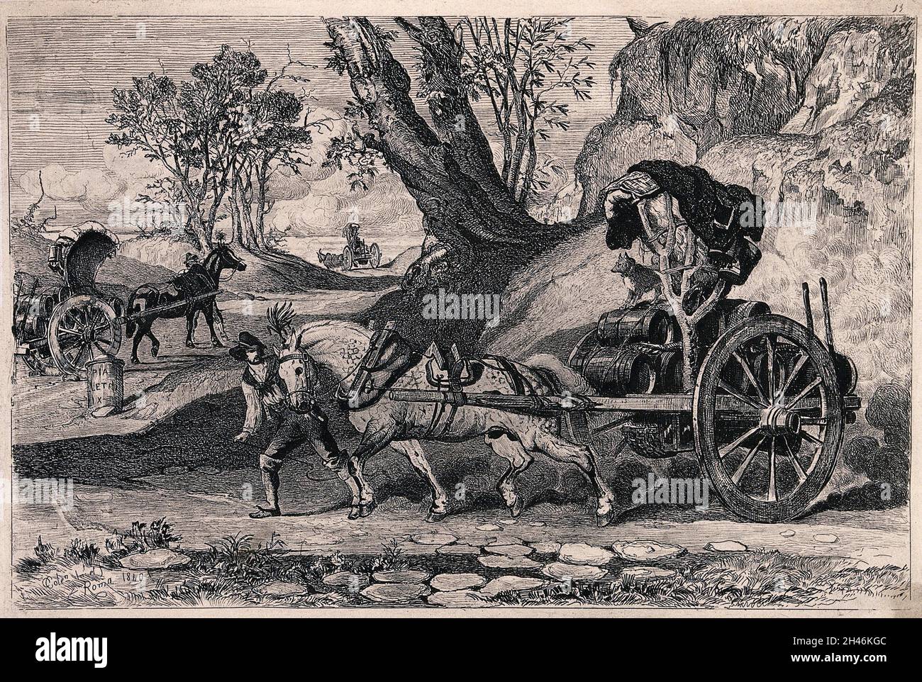 Un uomo sta guidando il cavallo che sta tirando un carro caricato con botti di vino mentre il cane viaggia in cima. Incisione da Colen dopo hinself. Foto Stock