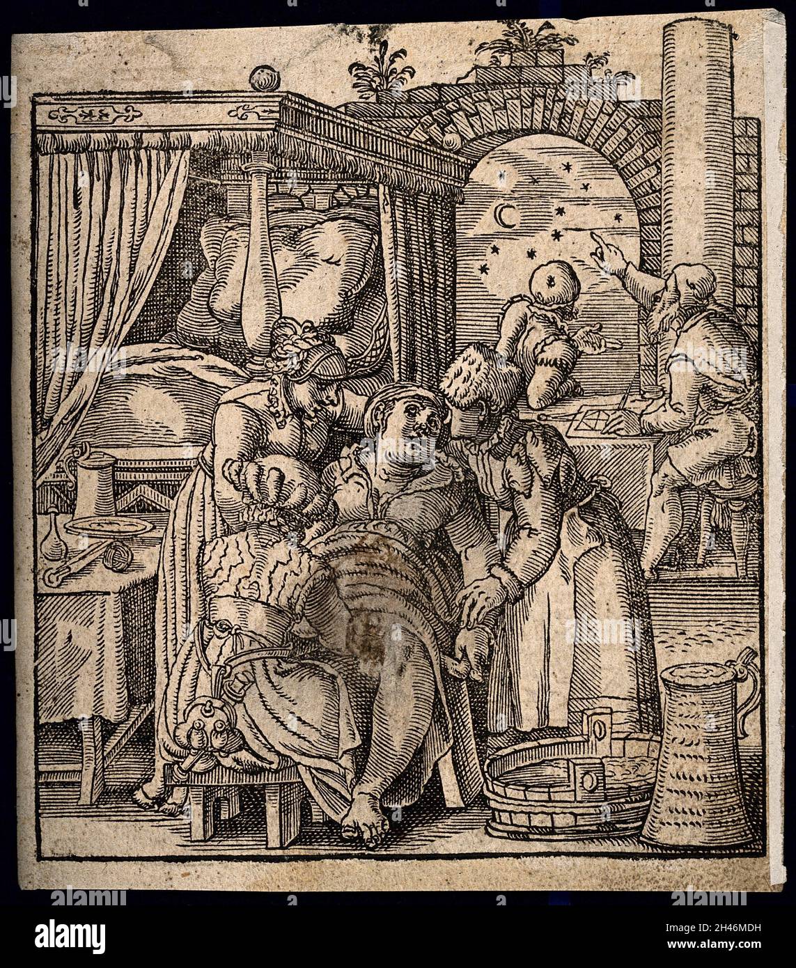 Una donna seduta che partorisce aiutata da un'ostetrica e da altri due assistenti, sullo sfondo due uomini guardano le stelle e tracciano un oroscopo. Legno, 1583[?]. Foto Stock