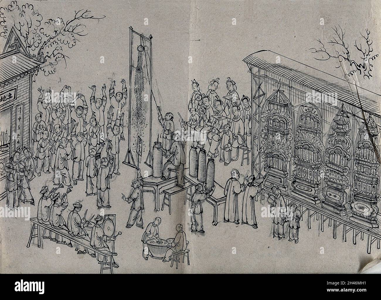 Festa cinese di Tu-ti (il Dio della Terra): Uomini e donne sono mostrati celebrare accanto a un santuario, accompagnato da un gruppo di musicisti. Disegno dell'inchiostro, Cina, 18--? Foto Stock