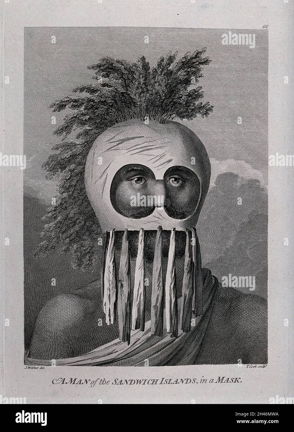 Un uomo delle Isole Sandwich che indossa una maschera; incontrato dal capitano Cook nel suo terzo viaggio (1777-1780) incisione di T. Cook dopo J. Webber, 1780/1785. Foto Stock