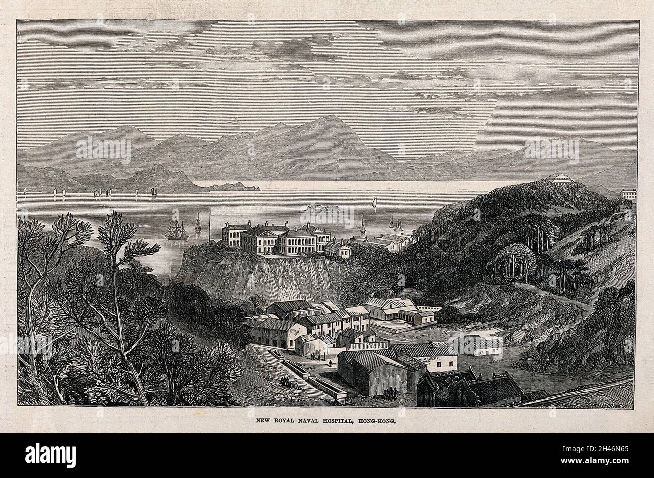 Royal Naval Hospital, Hong Kong: Vista dall'alto dell'ospedale e del porto. Incisione in legno di H. Crane. Foto Stock