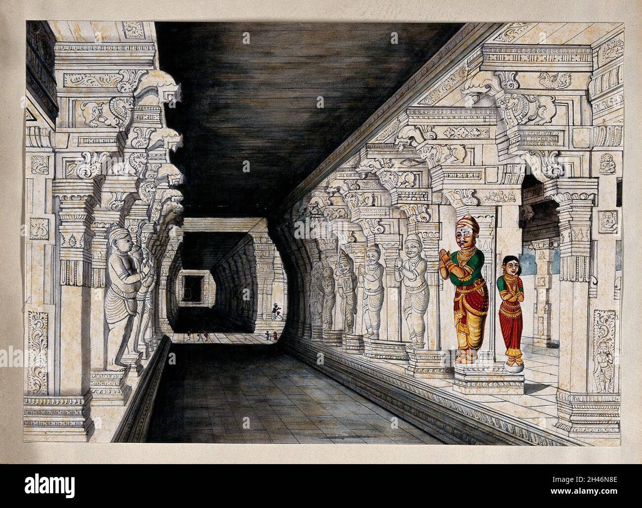 Rameshvaram: Corridoio che conduce all'interno del tempio dedicato a Lord Shiva. Disegno di un pittore indiano. Foto Stock